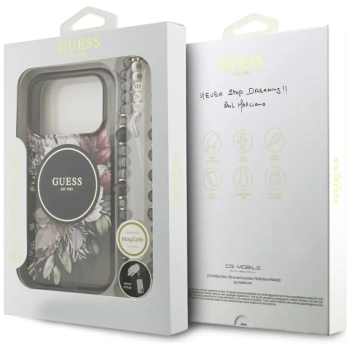 Guess IML Flowers Electro Pearl Strap MagSafe - Etui iPhone 17 Pro (czarny)