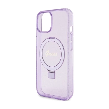 Guess Ring Stand Script Glitter MagSafe - Etui iPhone 15 (fioletowy)