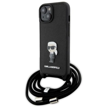 Karl Lagerfeld Crossbody Saffiano Monogram Ikonik Metal Pin - Etui iPhone 15 (czarny)