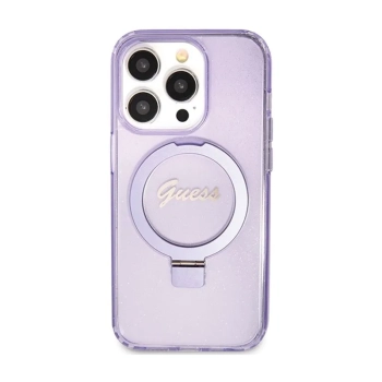 Guess Ring Stand Script Glitter MagSafe - Etui iPhone 15 Pro (fioletowy)