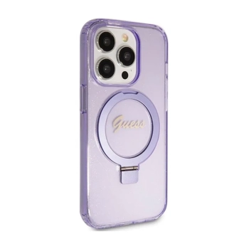 Guess Ring Stand Script Glitter MagSafe - Etui iPhone 15 Pro (fioletowy)