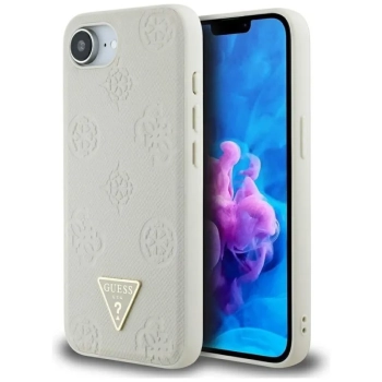 Guess Grained Hot Stamp Peony Triangle Logo MagSafe - Etui do iPhone 16e (beżowy)