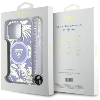 Guess Palm Trees Triangle Pearl Strap MagSafe - Etui do iPhone 16 Pro Max (fioletowy)