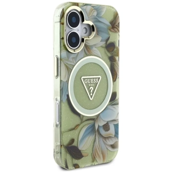 Guess Glitter Flowers Triangle Buttons MagSafe - Etui do iPhone 16 zielony