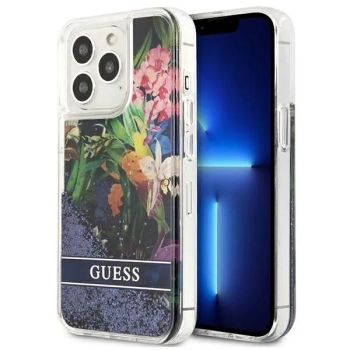 Guess Liquid Glitter Flower - Etui iPhone 13 Pro (niebieski)