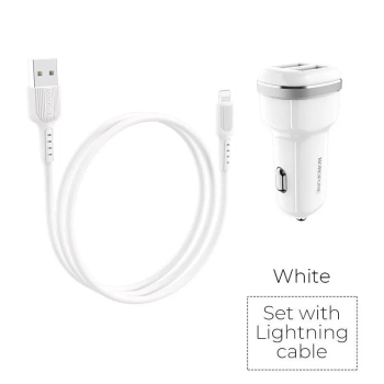 Borofone - ładowarka samochodowa 2x USB kabel Lightning w zestawie, biały