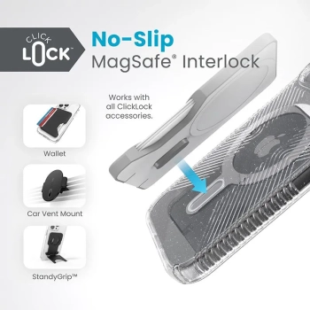 Speck Presidio Lux Grip ClickLock & Magsafe - Etui iPhone 15 / iPhone 14 / iPhone 13 (Clear / Platinium Glitter / Chrome Finish / Serene Silver)