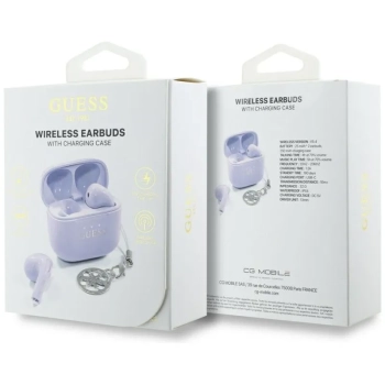 Guess Glossy Effect Printed Classic Logo & Charm - Słuchawki Bluetooth TWS + etui ładujące (lawendowy)