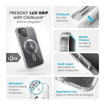 Speck Presidio Lux Grip ClickLock & Magsafe - Etui iPhone 15 / iPhone 14 / iPhone 13 (Clear / Platinium Glitter / Chrome Finish / Serene Silver)