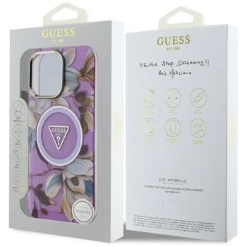 Guess Glitter Flowers Triangle Buttons MagSafe - Etui do iPhone 16 Pro Max (fioletowy)
