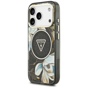 Guess IML Glitter Flowers Triangle MagSafe - Etui iPhone 17 Pro (czarny)