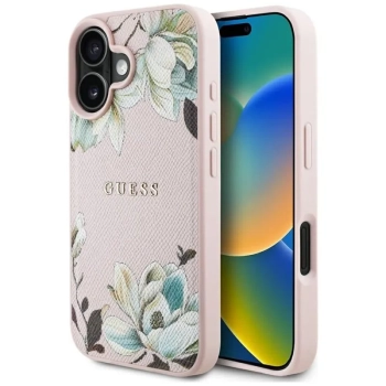 Guess Grained Printed Flower Pattern MagSafe - Etui do iPhone 16 (różowy)