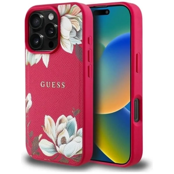 Guess Grained Printed Flower Pattern MagSafe - Etui do iPhone 16 Pro Max (fuksja)