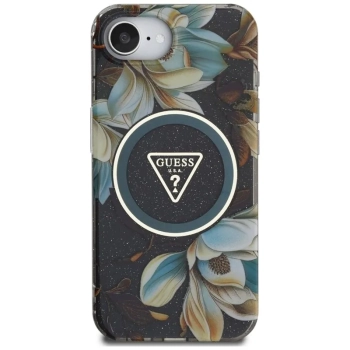 Guess IML Metal Glitter Flowers Triangle MagSafe - Etui do iPhone 16e (czarny)