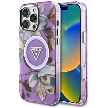 Guess Glitter Flowers Triangle Buttons MagSafe - Etui do iPhone 16 Pro (fioletowy)