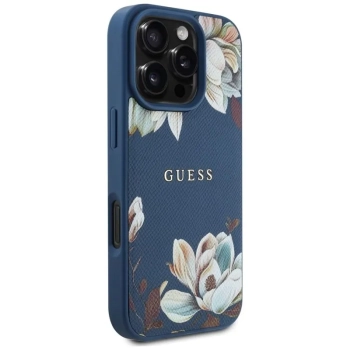 Guess Grained Printed Flower Pattern MagSafe - Etui do iPhone 16 Pro (niebieski)