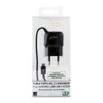 PURO Mini Travel Charger - Przenośna ładowarka sieciowa z kablem Micro USB (czarny)
