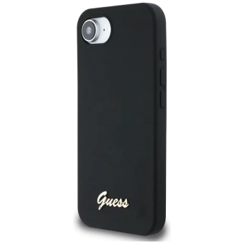 Guess Silicone Script Metal Logo MagSafe - Etui do iPhone 16e (czarny)