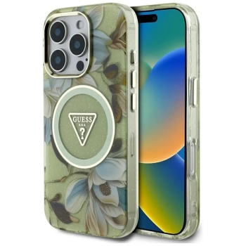 Guess Glitter Flowers Triangle Buttons MagSafe - Etui do iPhone 16 Pro Max (zielony)