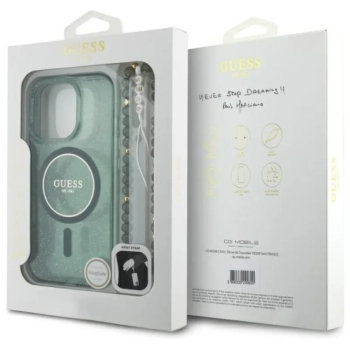 Guess IML Glitter With Pearl Strap MagSafe - Etui iPhone 16 Pro (zielony)