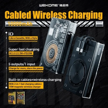 WEKOME WP-331 Vanguard Series - Power bank indukcyjny 10000 mAh Super Charging z wbudowanym kablem USB-C & Lightning PD 20W + QC 22.5W MagSafe (Czarny