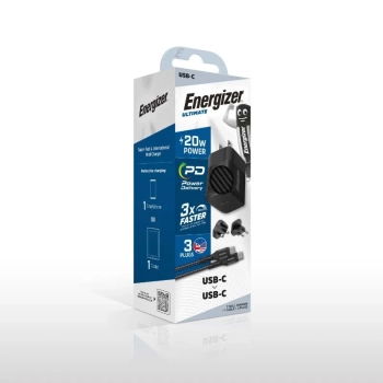 Energizer Ultimate - Ładowarka sieciowa Multiplug EU / UK / US GaN USB-C 20W PD + kabel USB-C (Czarny)