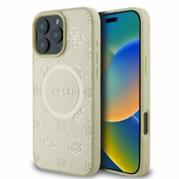 Guess Saffiano Peony Classic Logo MagSafe - Etui iPhone 16 Pro (złoty)