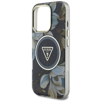 Guess Glitter Flowers Triangle Buttons MagSafe - Etui do iPhone 16 Pro Max (czarny)