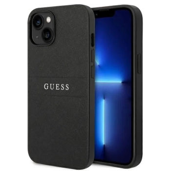 Guess Saffiano Metal Logo Stripes - Etui iPhone 14 Plus (czarny)