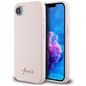 Guess Silicone Script Metal Logo MagSafe - Etui do iPhone 16e (różowy)