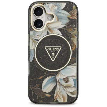 Guess IML Glitter Flowers Triangle MagSafe - Etui iPhone 17 (czarny)
