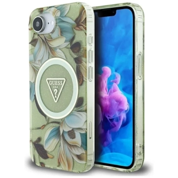 Guess IML Metal Glitter Flowers Triangle MagSafe - Etui do iPhone 16e (zielony)