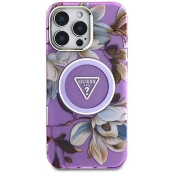 Guess Glitter Flowers Triangle Buttons MagSafe - Etui do iPhone 16 Pro (fioletowy)