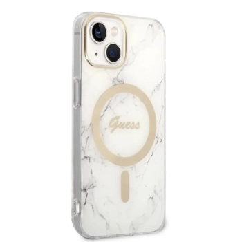 Guess Bundle Pack MagSafe IML Marble - Zestaw etui + ładowarka MagSafe iPhone 14 Plus (biały/złoty)