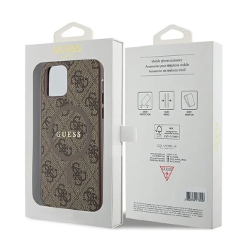 Guess 4G Collection Leather Metal Logo MagSafe - Etui iPhone 12 / iPhone 12 Pro (brązowy)
