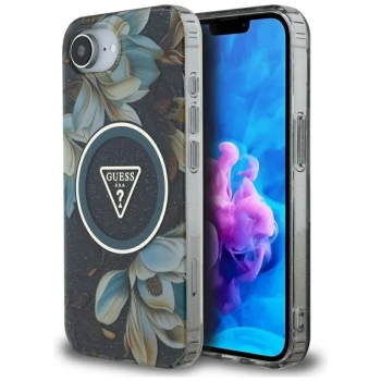 Guess IML Metal Glitter Flowers Triangle MagSafe - Etui do iPhone 16e (czarny)