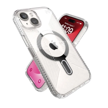 Speck Presidio Perfect-Clear Grip ClickLock & MagSafe - Etui iPhone 15 / iPhone 14 / iPhone 13 (Clear / Chrome Finish / Serene Silver)