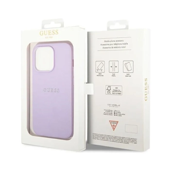 Guess Saffiano Metal Logo Stripes - Etui iPhone 14 Pro (liliowy)