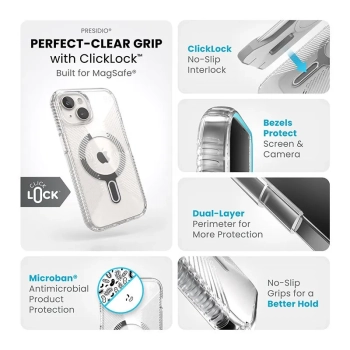 Speck Presidio Perfect-Clear Grip ClickLock & MagSafe - Etui iPhone 15 / iPhone 14 / iPhone 13 (Clear / Chrome Finish / Serene Silver)