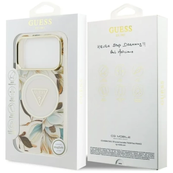 Guess IML Glitter Flowers Triangle MagSafe - Etui iPhone 17 Pro Max (biały)