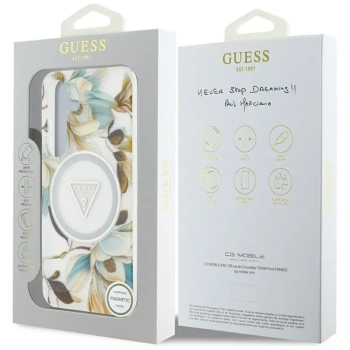 Guess Glitter Flowers Triangle Buttons MagSafe - Etui do Samsung Galaxy S25 (biały)