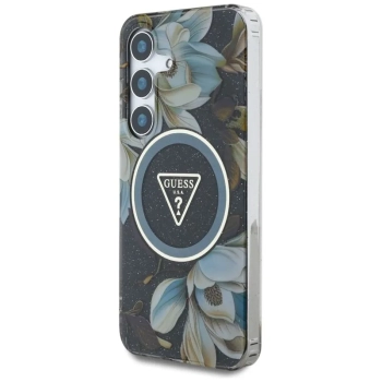 Guess Glitter Flowers Triangle Buttons MagSafe - Etui do Samsung Galaxy S25 (czarny)