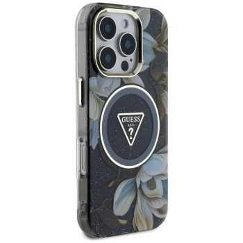 Guess Glitter Flowers Triangle Buttons MagSafe - Etui do iPhone 16 Pro Max (czarny)