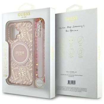 Guess IML Flowers Allover Electro With Pearl Strap MagSafe - Etui iPhone 16 Plus (różowy)