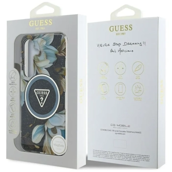 Guess Glitter Flowers Triangle Buttons MagSafe - Etui do Samsung Galaxy S25 (czarny)