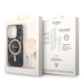 Guess Bundle Pack MagSafe IML Marble - Zestaw etui + ładowarka MagSafe iPhone 14 Pro (czarny/złoty)