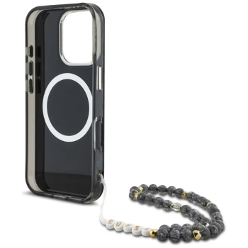 Guess Palm Trees Triangle Pearl Strap MagSafe - Etui do iPhone 16 Pro (czarny)