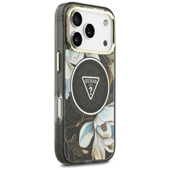 Guess IML Glitter Flowers Triangle MagSafe - Etui iPhone 17 Pro (czarny)