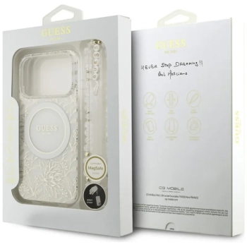 Guess IML Flowers Electro Pearl Strap MagSafe - Etui iPhone 17 Pro (biały)