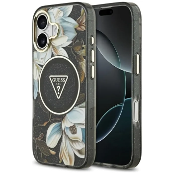 Guess IML Glitter Flowers Triangle MagSafe - Etui iPhone 17 (czarny)